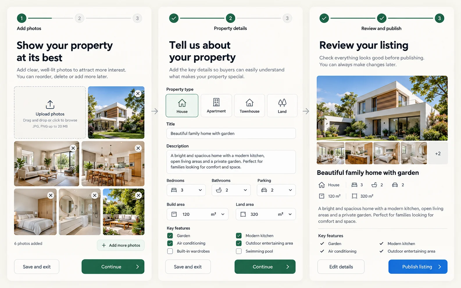 Fictional owner listing flow for adding property photos, entering details, and reviewing before publishing