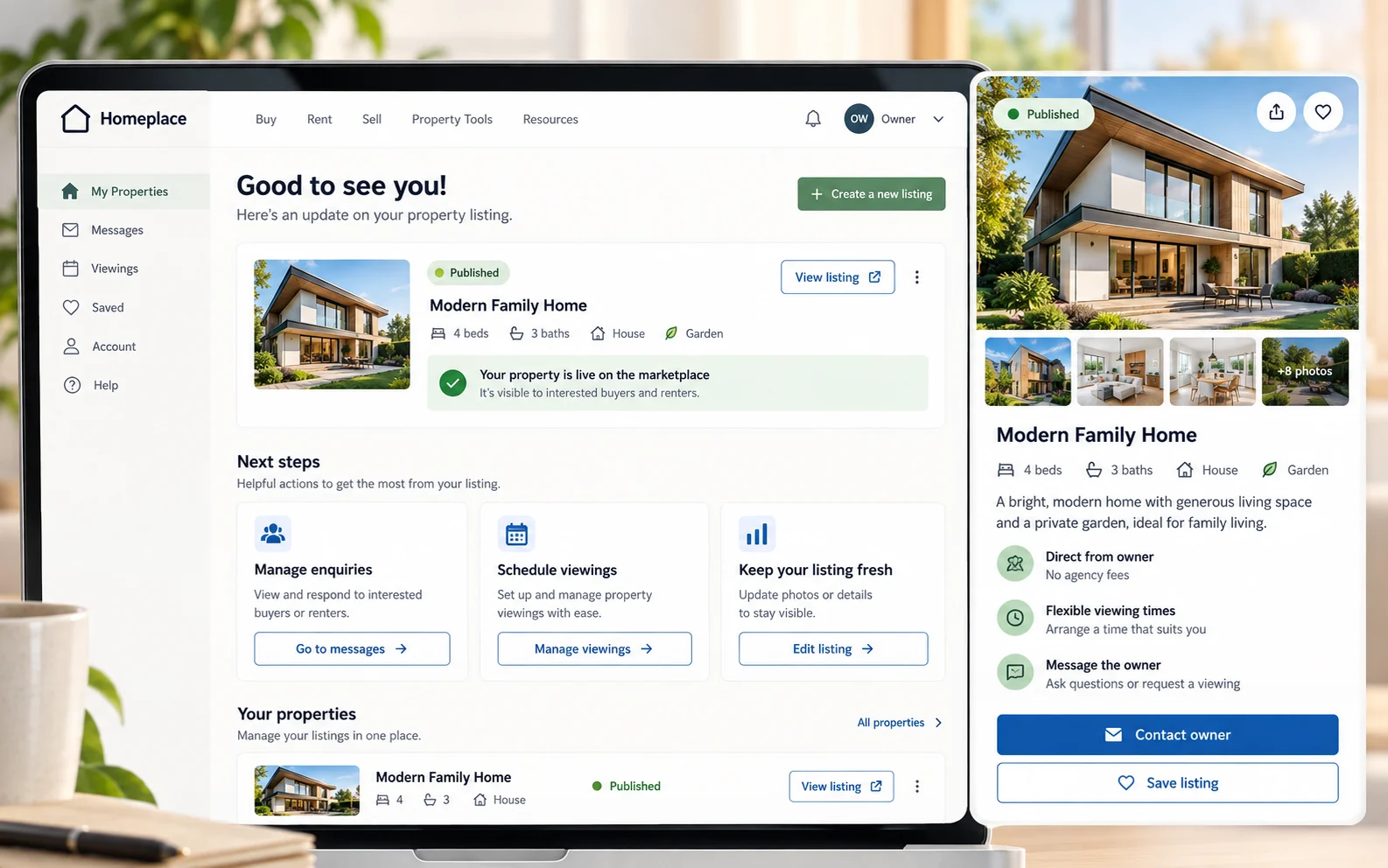 Fictional published property listing and owner management screen