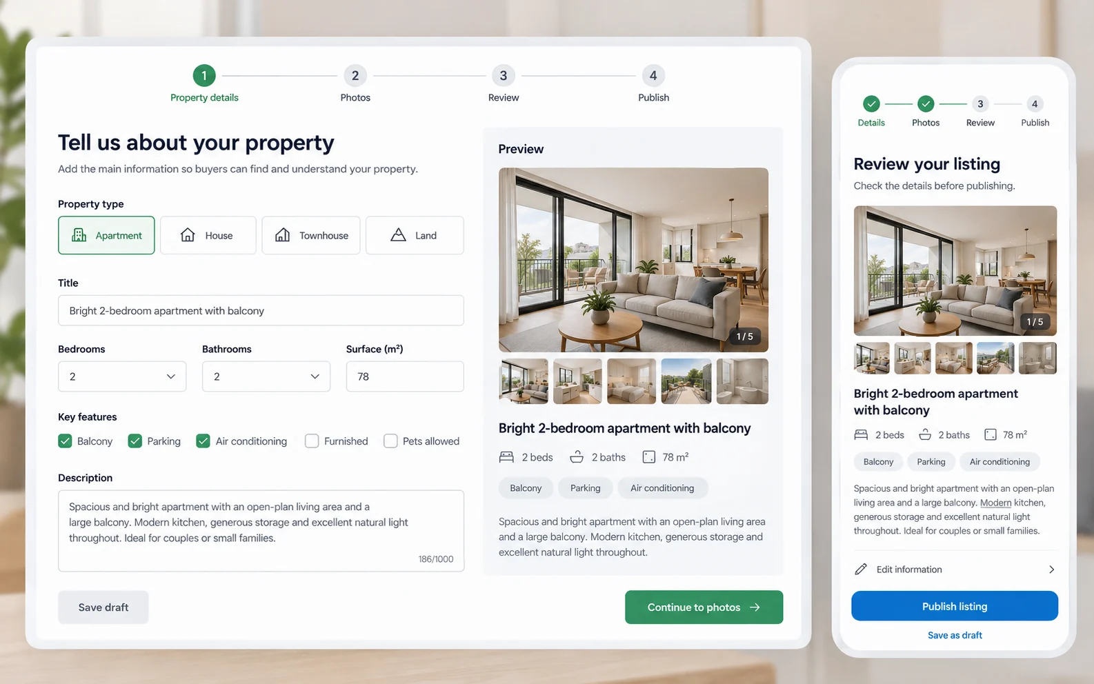 Fictional responsive property listing form and mobile preview