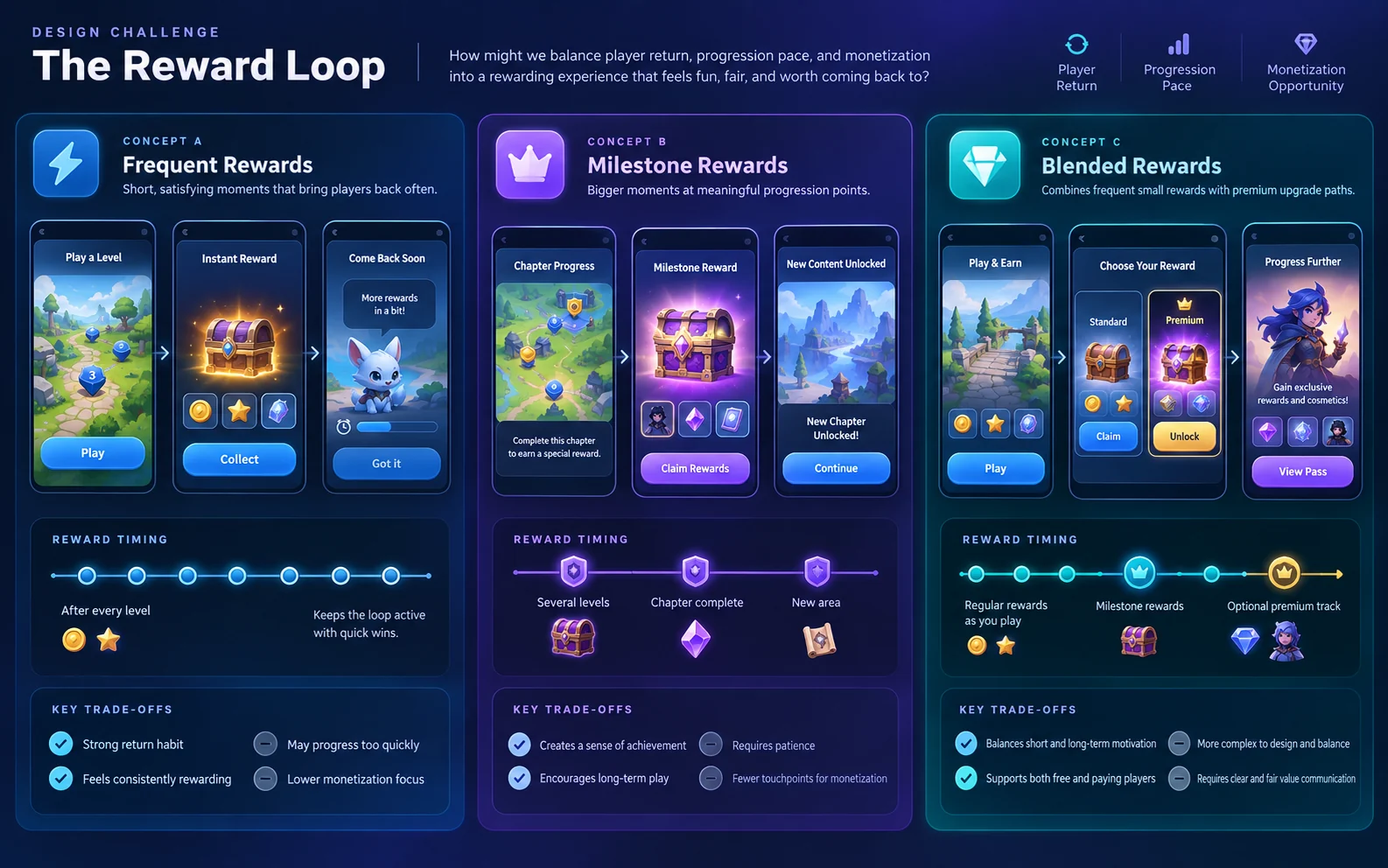 Three fictional reward-loop concepts compared across mobile game screens