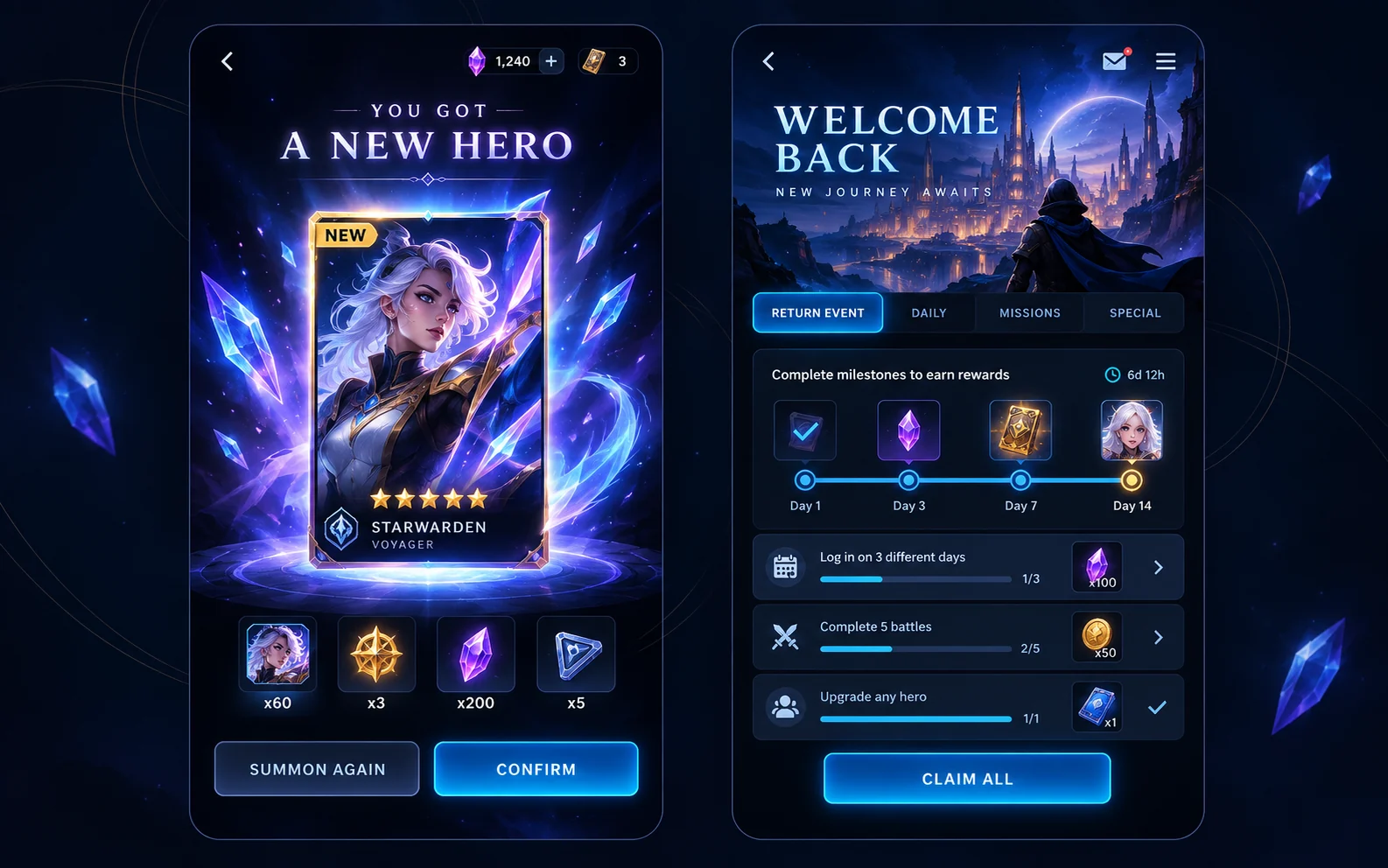 Fictional mobile game reward reveal and return-event screens