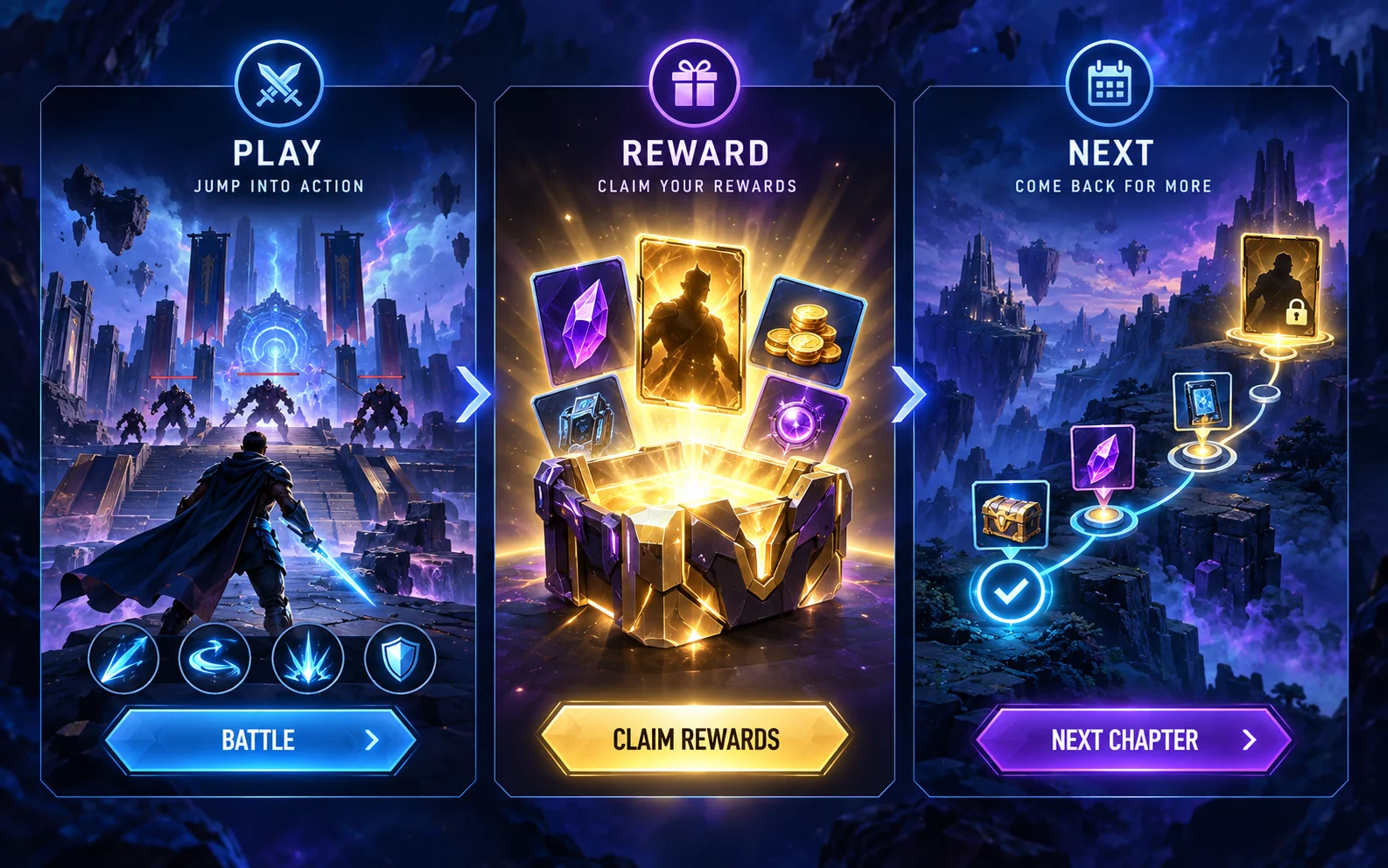 Fictional game reward loop from play through reward to a next milestone