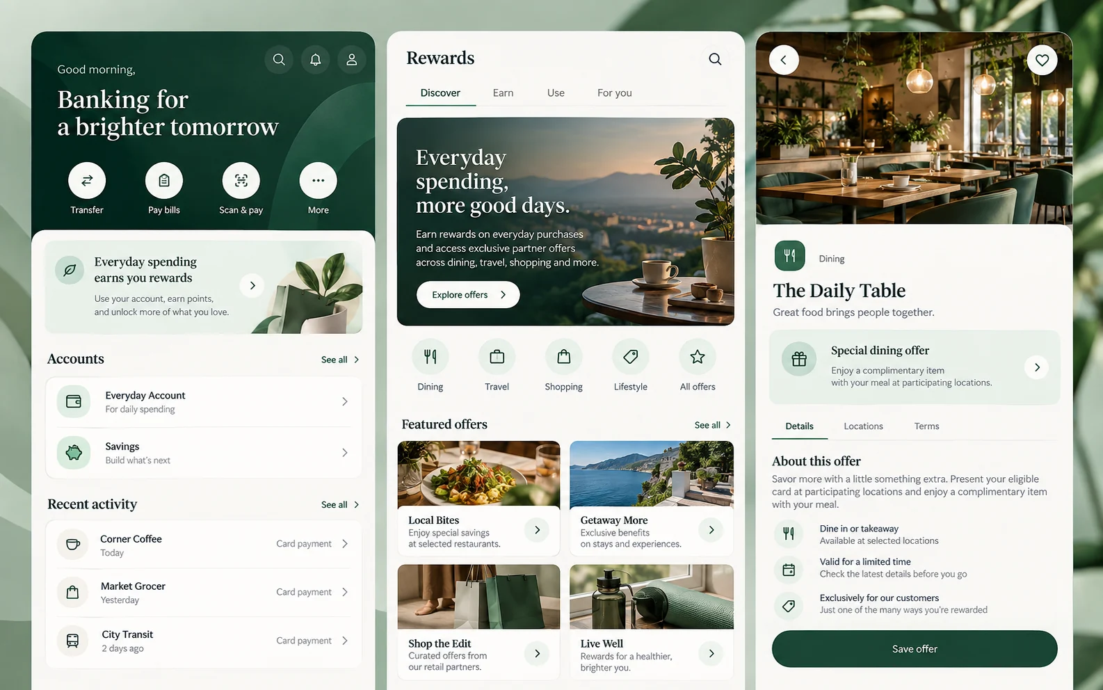 Fictional banking home, loyalty rewards hub, and partner offer interface