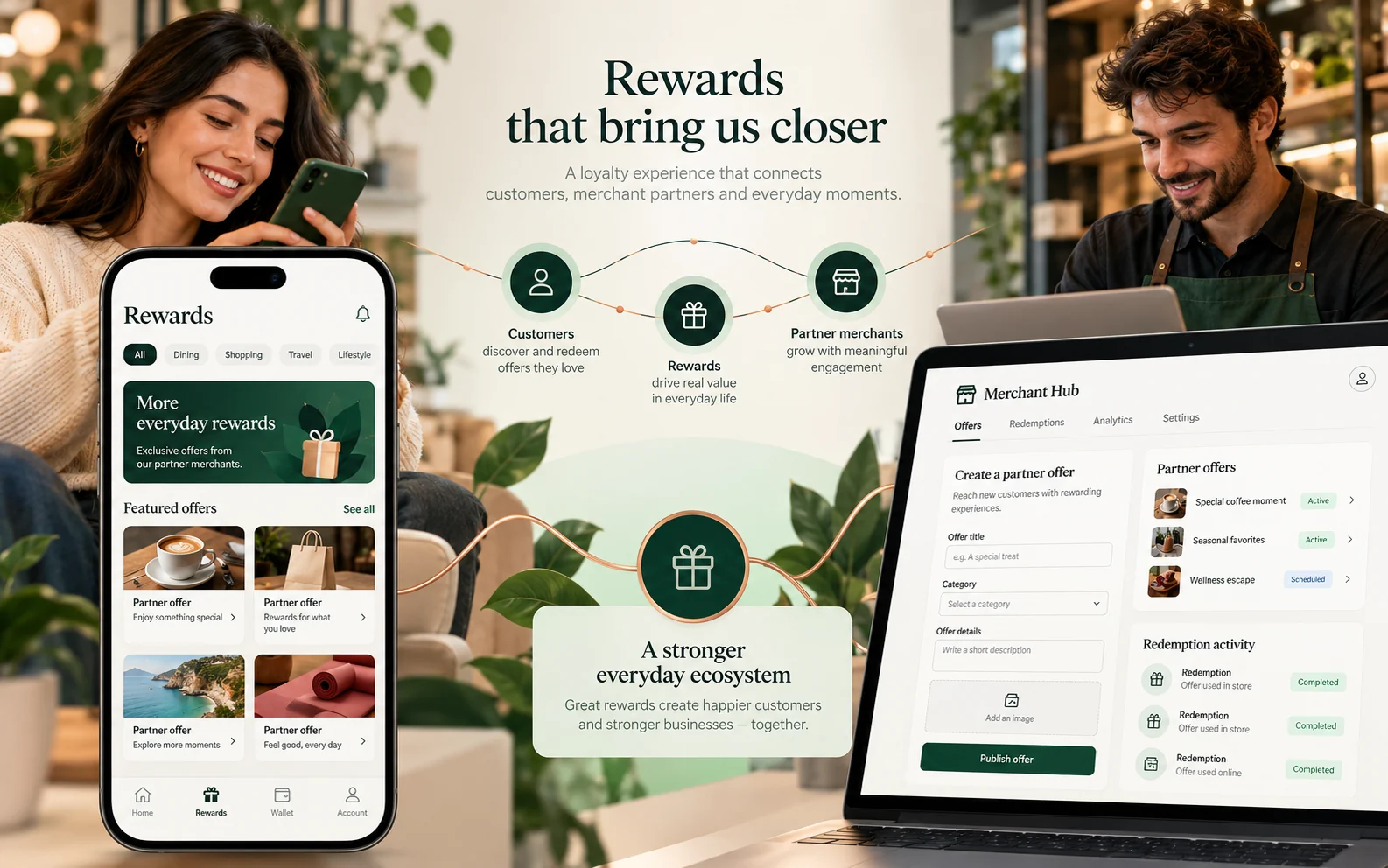 Fictional rewards experience linking customer, merchant offer, and redemption screens